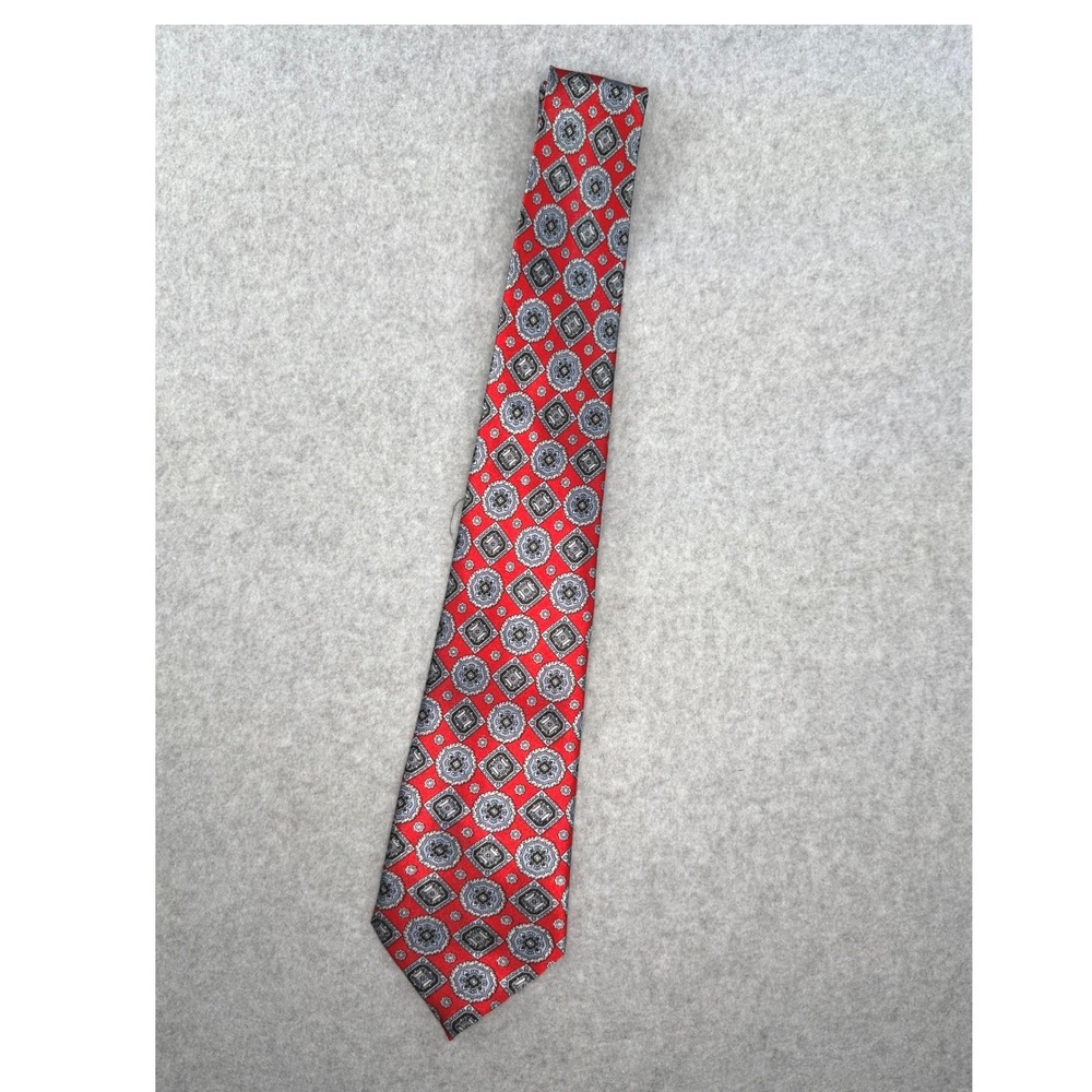 Duomo Milano Mens Red Geometric Medallion Silk‎ Tie Handmade Red Grey Black